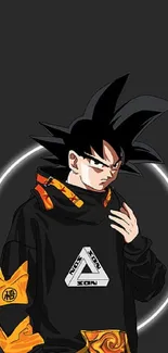 Stylish anime character in black hoodie on a dark background.