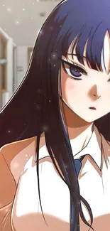 Anime character with long dark hair in a school hallway, stylish and confident.