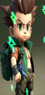 Anime character with spiky hair and stylish attire on a dark green background.