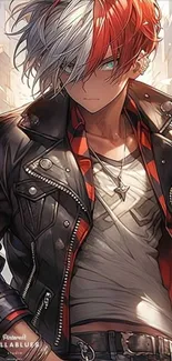 Anime character in a leather jacket with red and white hair.