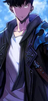 Anime character in dark jacket with blue background.