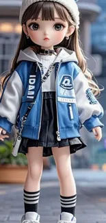 Anime character in fashionable streetwear with blue jacket.