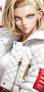 Anime character with blue eyes in a white jacket on magazine cover.