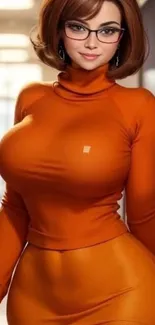 Anime character in stylish orange outfit posing confidently.