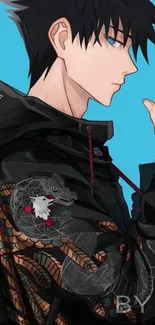 Anime character against a sky blue background with intricate jacket design.