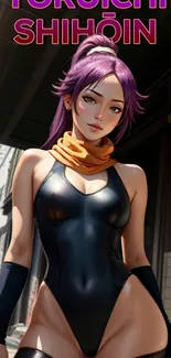 Anime character in black outfit with purple hair.