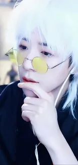 Anime character with white hair and yellow glasses in a stylish pose.