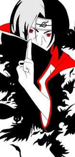 Anime character with red accents on a black and white background.