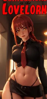 Anime character with red hair in stylish attire, under dynamic lighting.