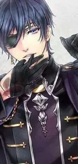 Anime character with eyepatch in elegant dark attire.