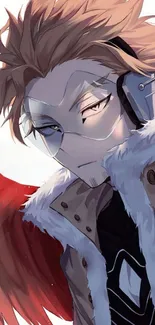 Anime character with red wings and fur collar.