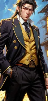 Anime character in a stylish suit with city background.