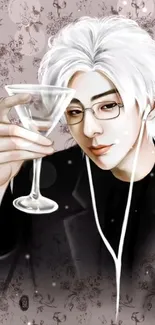 Anime character holding a glass with a stylish background.