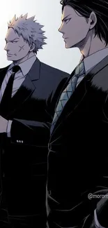 Anime characters in suits, side-by-side, dark blue background.