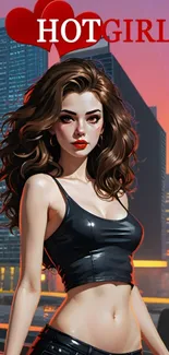 Anime-inspired girl in cityscape with orange skyline.