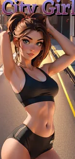 Anime city girl in sportswear set against an urban street backdrop.