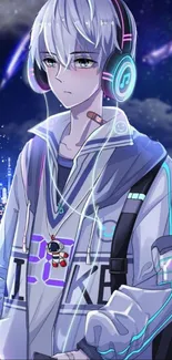 Anime character in cyberpunk style with headphones and neon lights background.