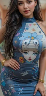 Woman in anime-themed dress posing in a classroom.