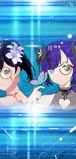 Anime duo in blue tones with floral accents.