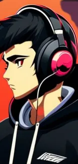 Anime character with headphones on vibrant orange background.