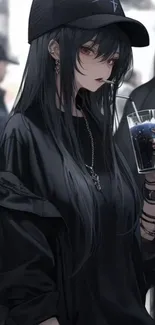 Anime girl in black outfit holding a drink.