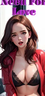 Anime girl in red jacket with text 'Need For Love'.