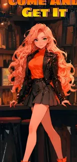 Stylish anime girl in a bar setting with orange outfit.