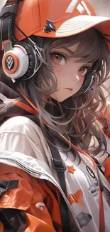 Anime girl with orange cap and headphones, stylish mobile wallpaper.