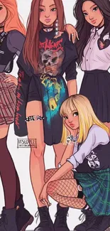 Anime girl group in stylish outfits, animated art.