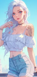 Anime girl with tattoos in stylish outfit against a sunny backdrop.