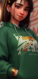 Anime girl in green hoodie, stylish wallpaper