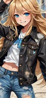Anime girl in a leather jacket with blonde hair and blue eyes.