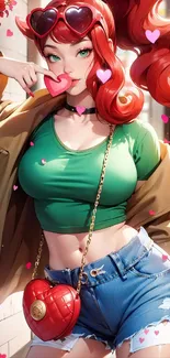 Vibrant anime girl with red hair and green top holding heart accessory.