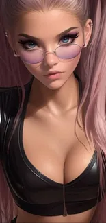 Anime girl with pink hair and glasses in a stylish outfit.