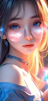Colorful anime girl with glasses and vibrant lighting.