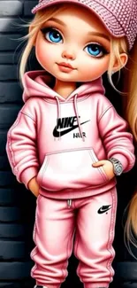 Anime girl with pink outfit and cap wallpaper.