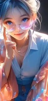 Stylish anime girl with vibrant colors and glasses in digital artwork.