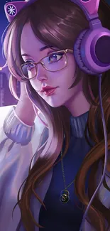 Anime girl with purple headphones at night.