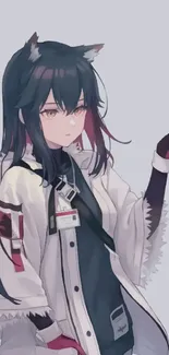 Anime girl with dark hair in a white coat wallpaper.