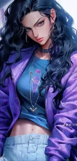 Anime girl with purple jacket and blue top illustration.