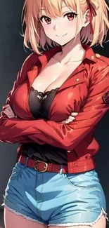 Anime girl with red jacket, stylish phone wallpaper.