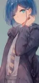 Anime girl with blue hair in stylish pose with serene background.