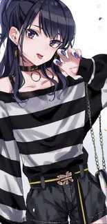 Stylish anime girl in striped outfit with dark hair posing.