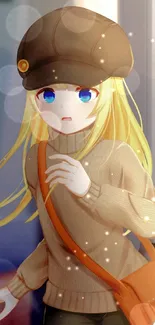 Anime girl in autumn outfit with a stylish brown cap and bag.