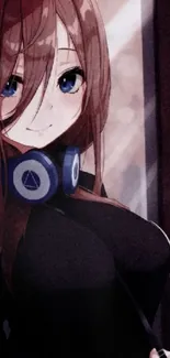 Anime girl with headphones in stylish design, perfect for mobile wallpaper.