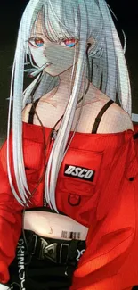 Anime girl with long white hair in a red outfit holding a cigarette.