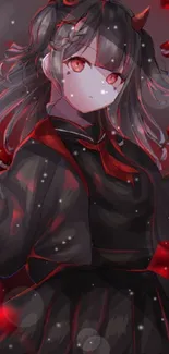 Anime girl with horns in red and black design wallpaper.