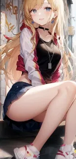 Stylish anime girl sits in vibrant urban background.