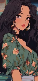 Anime girl with floral shirt and elegant style.