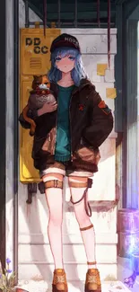 Anime girl with blue hair and teddy bear in an urban setting.